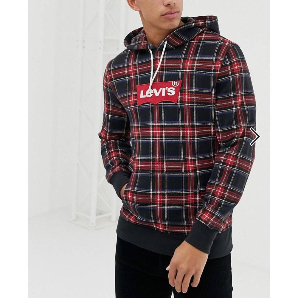LEVI'S Modern Black Tartan Check Batwing Logo Hoodie Sz Men's Small